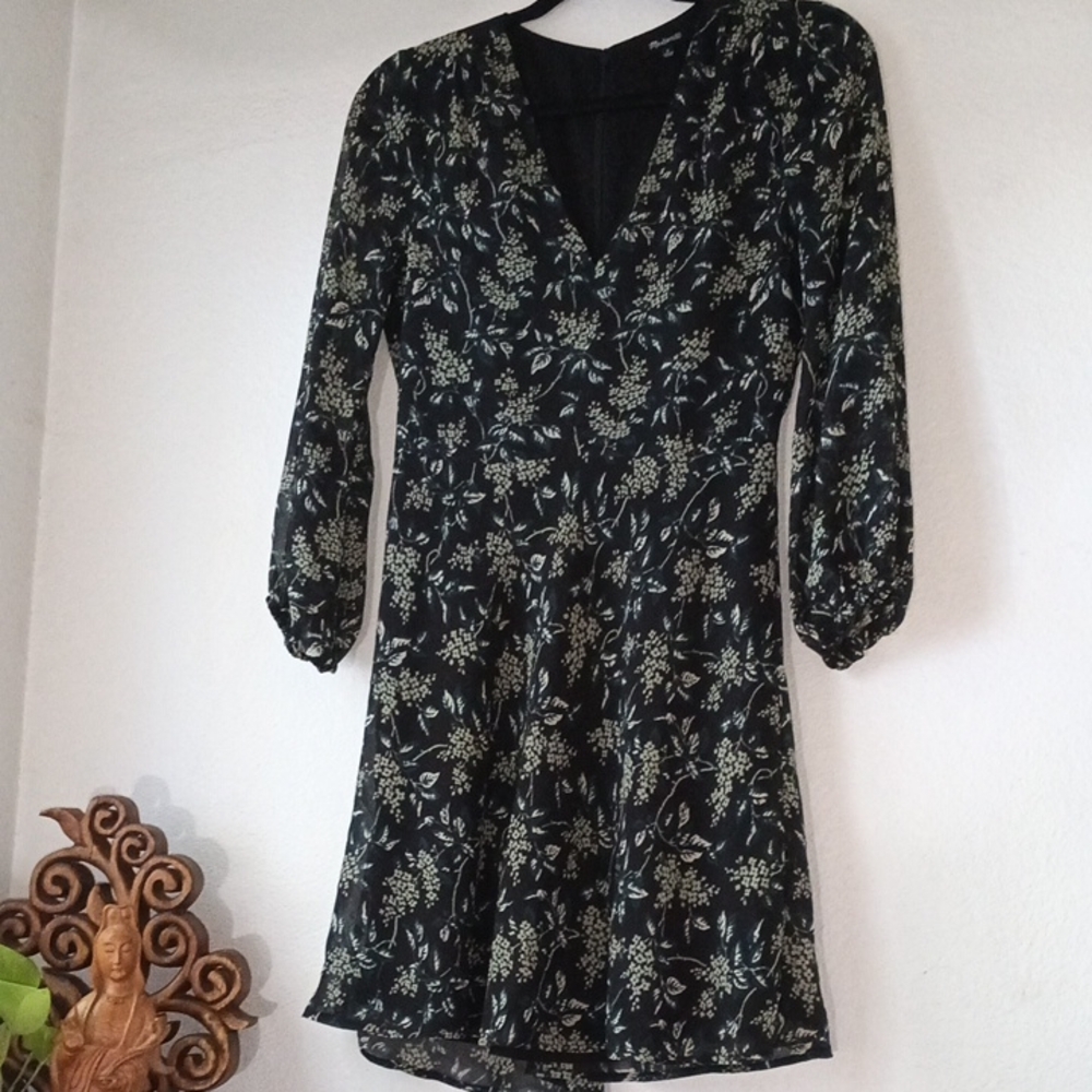 Madewell Black Floral Long Sleeve Dress